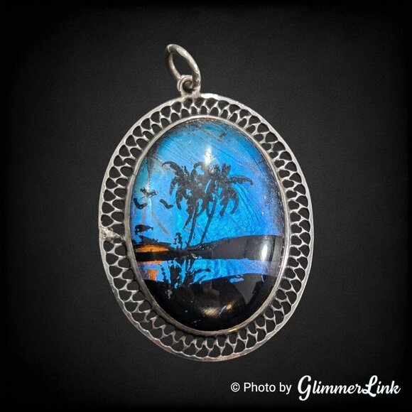 Jewelry - VTG Butterfly Wing Tropical Beach Scene Sterling Silver Oval Filigree Pendant